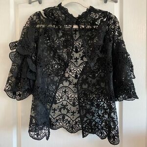 REVEUSE WOVEN TOP Black Bell SLEEVE‎ womens large cold shoulder crochet